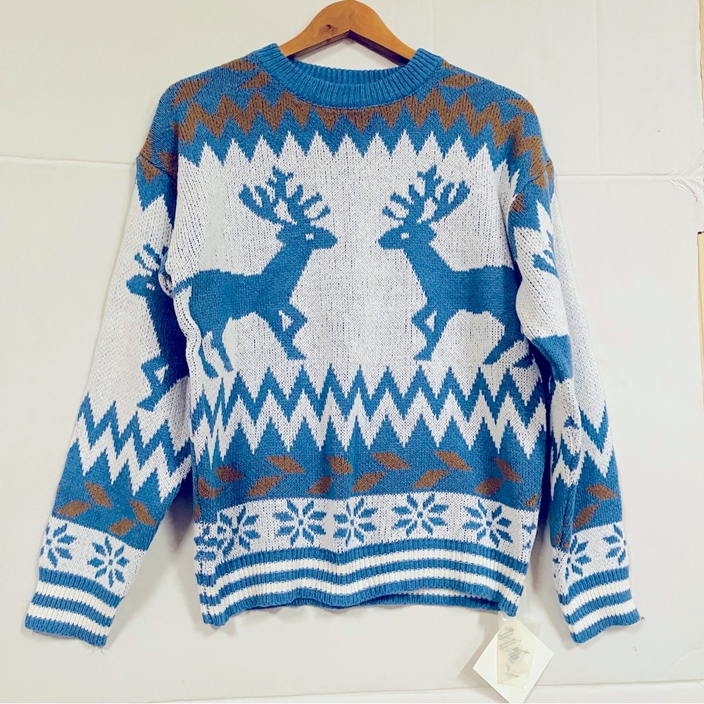 Blue and White Reindeer Sweater